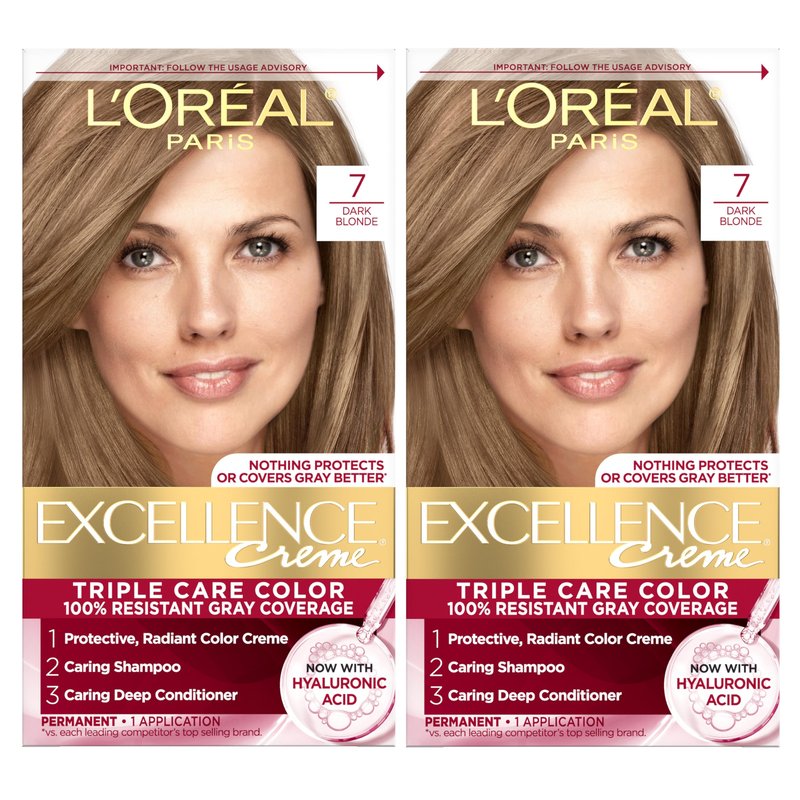 L'Oreal Paris Excellence Crème Permanent Hair Dye, Triple Care Hair Color with Hyaluronic Acid for 100% Gray Coverage, 7 Dark Blonde, 1 Kit (Pack of 2) (Packaging May Vary)