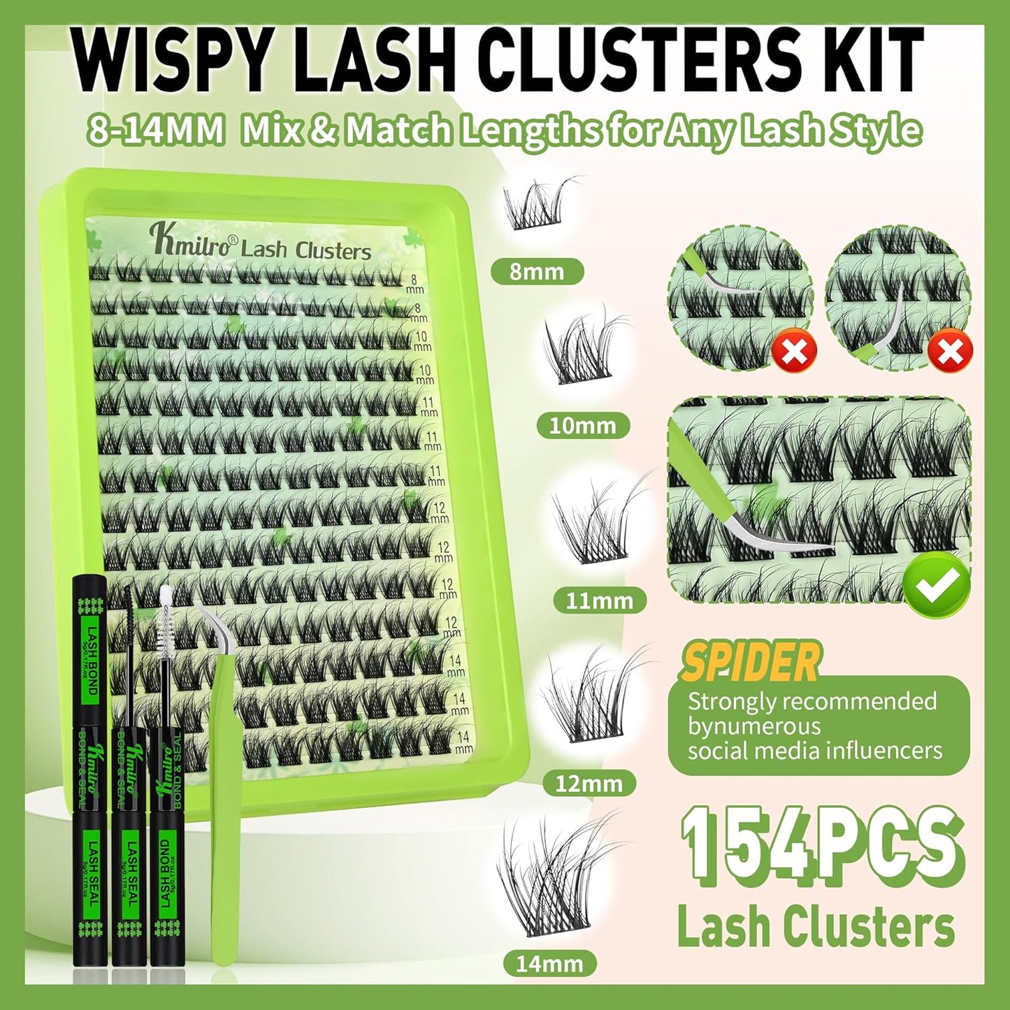 Spider Lash Clusters Kit - 154pcs C Curly Wispy Individual Lashes | 8-14mm Super Soft DIY Extensions