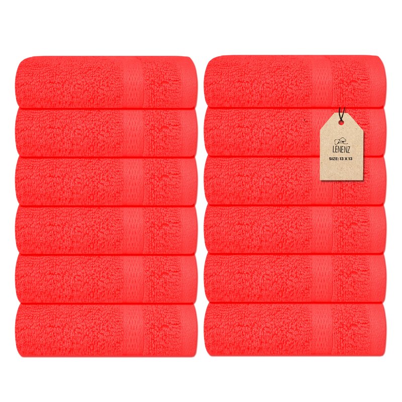 Lenenz Soft Wash Cloths - 12 Pack Plush and Absorbent Cotton Washcloths for Face, Body, and Baby - Multi-Purpose, Quick-Dry Wash Cloths Set 13x13'' (Red)