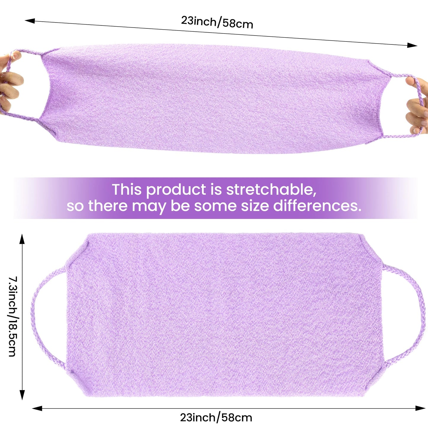 3 Pcs Double-Sided Back Exfoliator Body Scrub Towel, Exfoliating Back Scrubber with Handles,Exfoliating Washcloth Bath Tool in Shower, Stretchable Back Washer to Deep Cleans Skin (Purple)