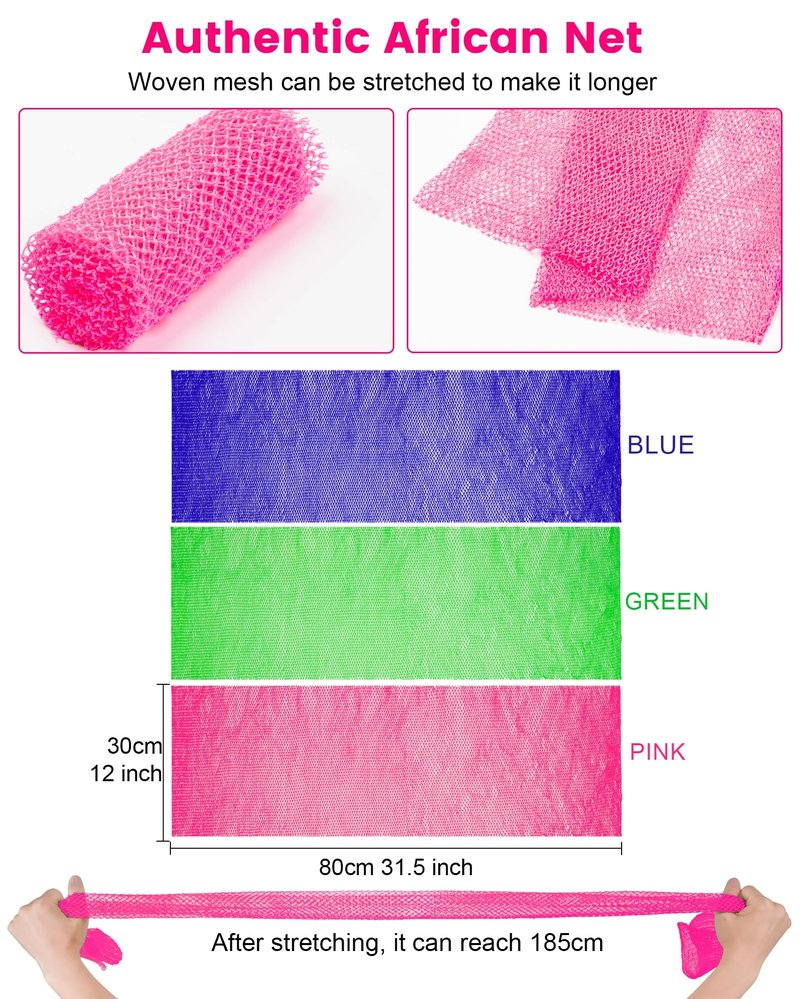 MTDLYICE African Net Sponge 3 Pack, Back Scrubber for Shower, XL 80CM Exfoliating Washcloth, African Net Sponge Authentic, Body Scrubber exfoliator Bath Accessories (Blue,LightGreen,Pink)