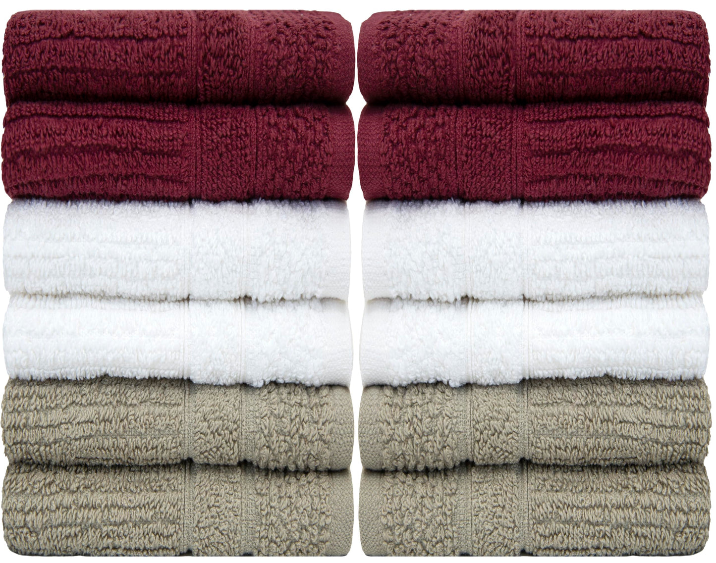 PH Pleasant Home Ribbed Wash Cloths Set - 12 Pack (12” x 12”) – 509 GSM - 100% Ring Spun Cotton Wash Cloth - Super Soft and Highly Absorbent Face Towels (Maroon, White & Tan)