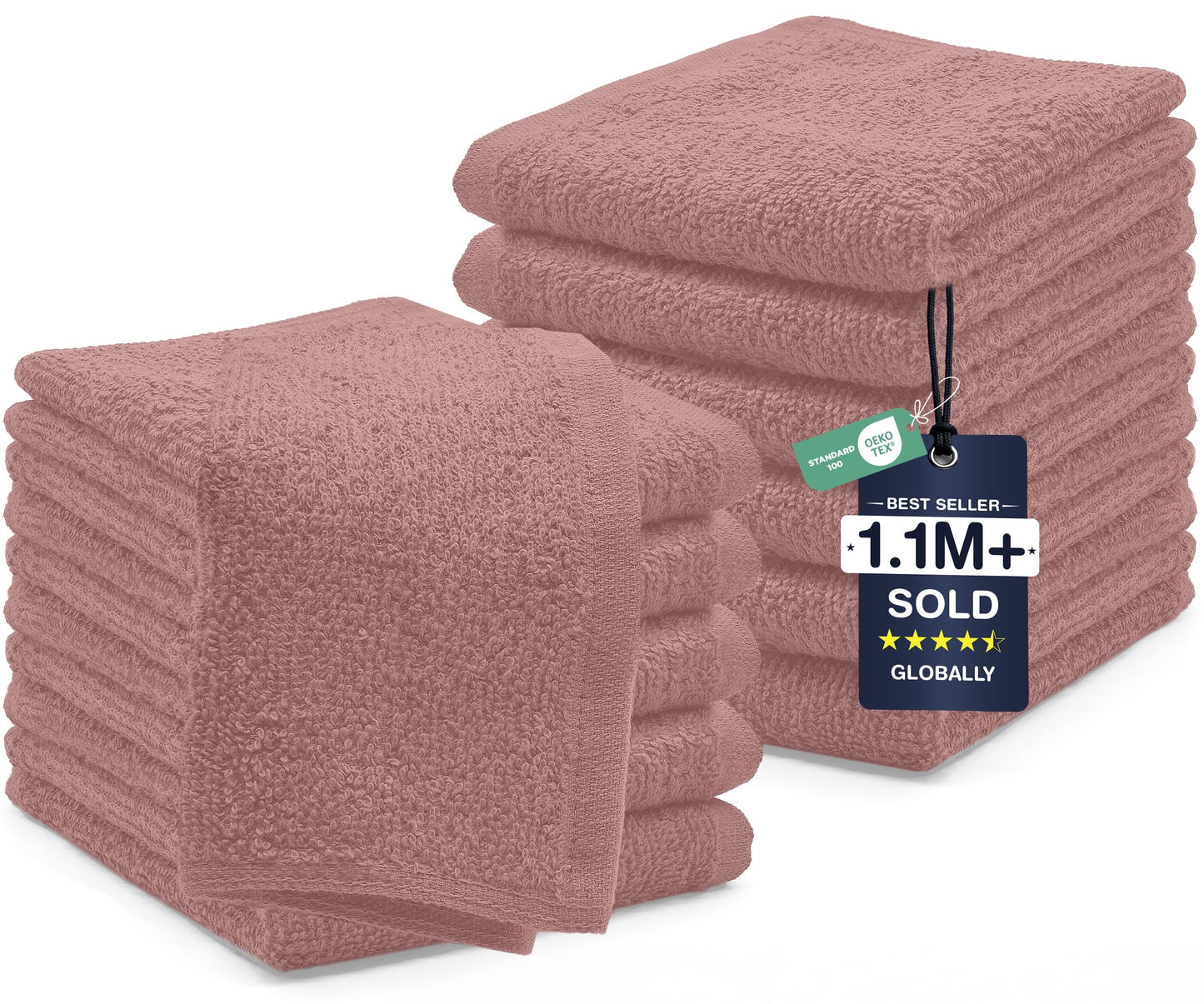 DAN RIVER 12 Pack Wash Cloths for Showering [12x12] - 100% Cotton Washcloths Premium Quality Flannel Face Cloths for Bathroom, Highly Absorbent and Soft Feel Wash Clothes, Dusty Pink