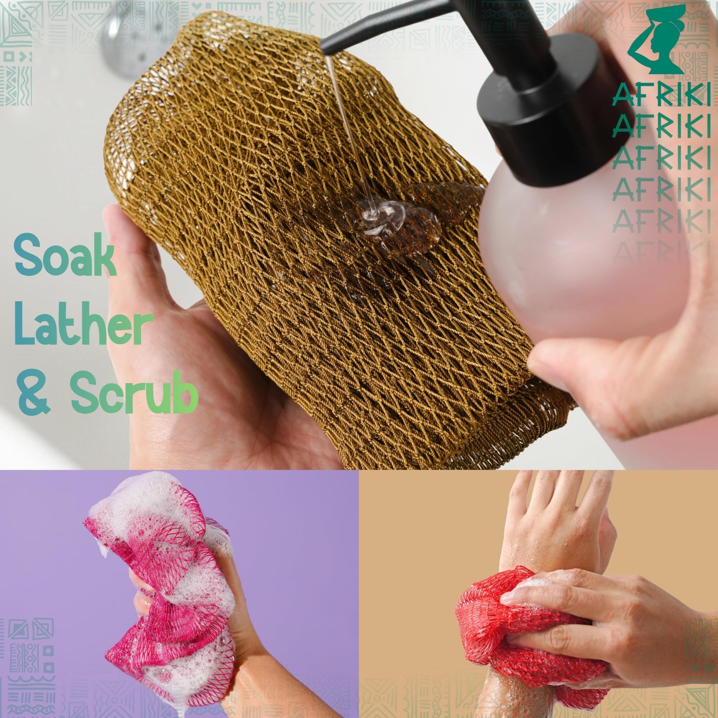 African Net Sponge, Premium Authentic Exfoliating Body Scrubber, Extra Long Stretch Bath Sponge for Shower, Deep Exfoliating Washcloth for Smooth Skin, 2 Pack (Camelia & Turpuoise)