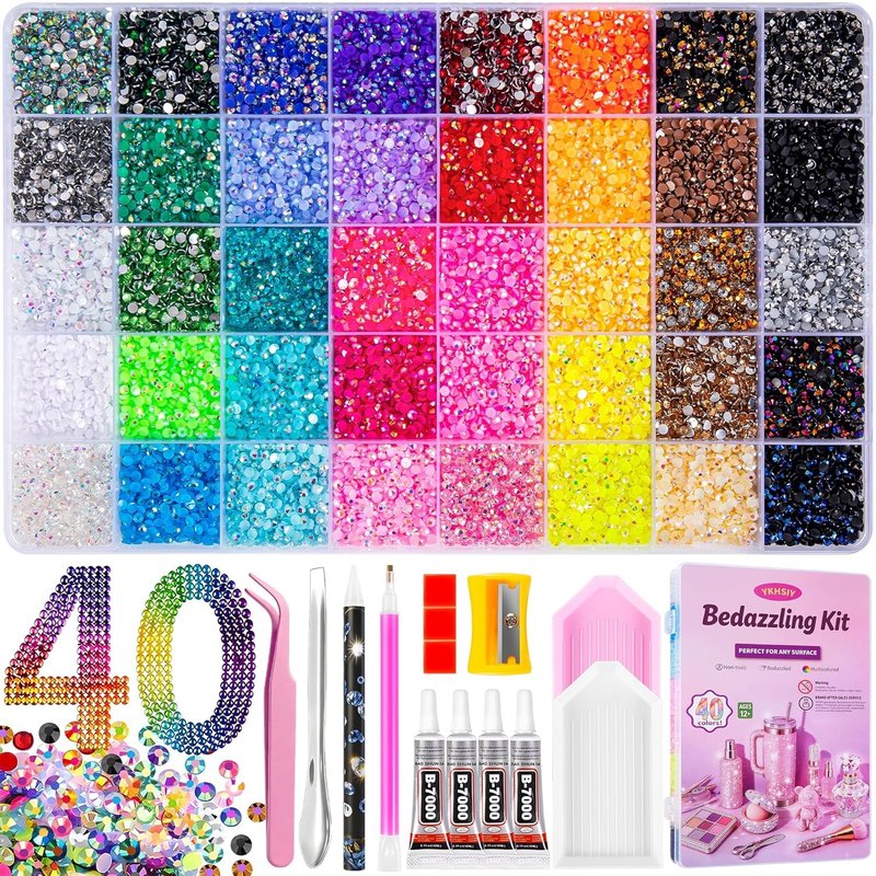 Beauty Bedazzling Kit 40000Pcs 40 Colors Resin Jelly Rhinestones, Multicolor 3mm Flatback Gems for Diamond Art, Bedazzler Kit with 4Pcs 10ml B7000 Jewelry Glue & Tools