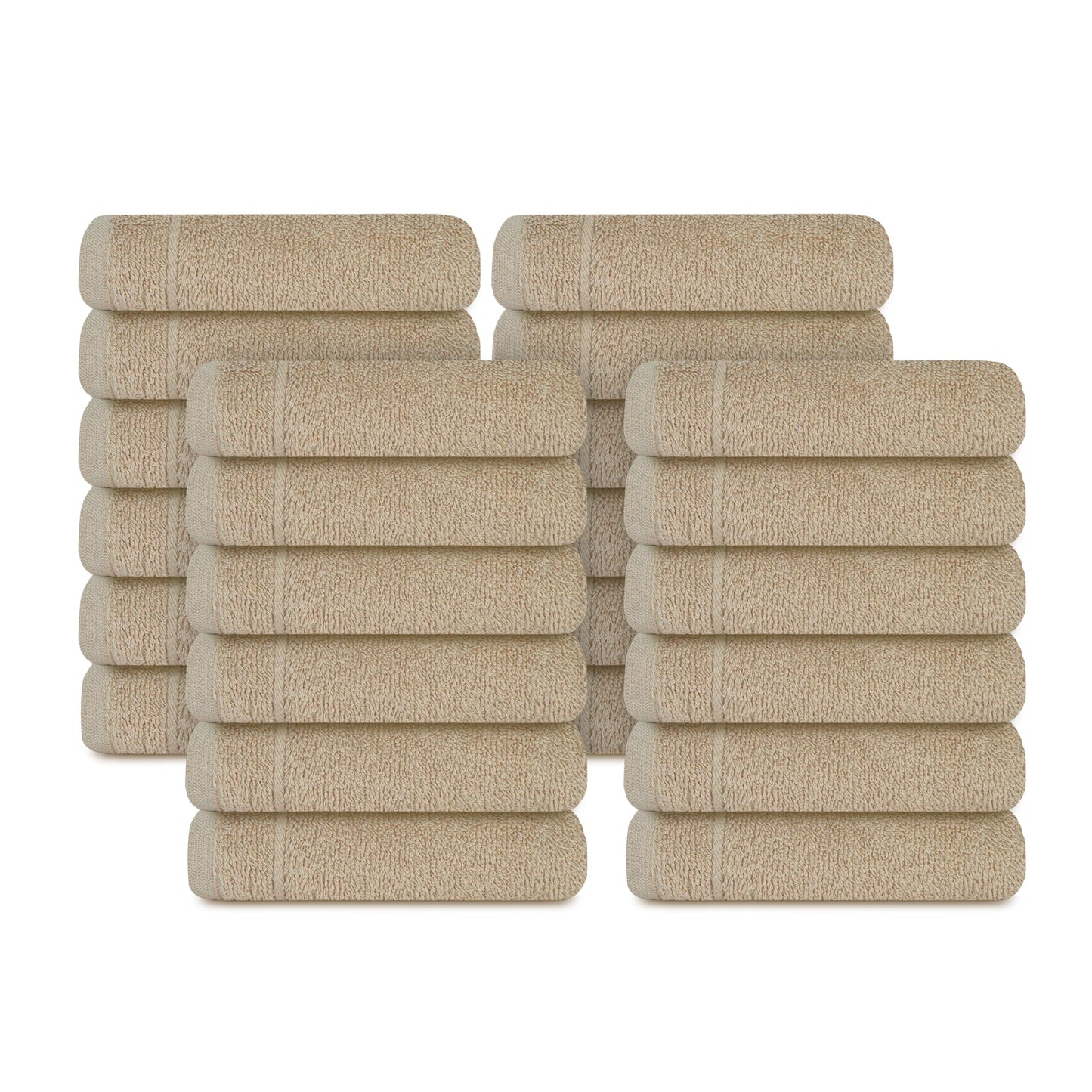 Tens Towels Pack of 24 Washcloths, 12 x 12 Inches, Lighter Weight, Quick to Dry, Super Soft & Absorbent, Gentle Face Towels, Hotel Quality, Perfect for Bathroom, Gym, Spa (Beige, 24 Pack)