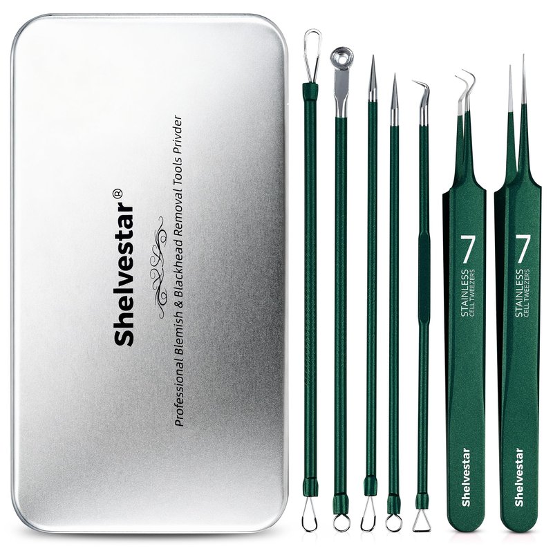 Pimple Popper Tool Kit - 7 Pcs Blackhead Remover Comedone Extractor Kit with Box for Quick and Easy Removal of Pimples, Blackheads, Zit Removing, Forehead,Facial and Nose (Green)