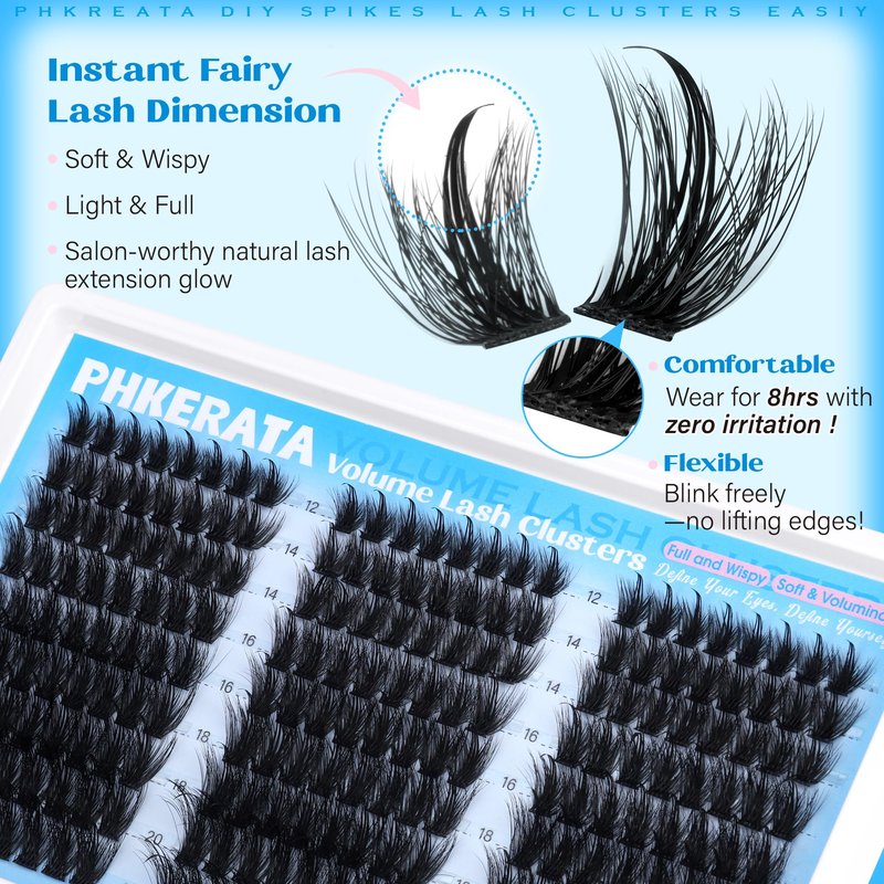 PHKERATA Manga Spikes Lash Clusters Wispy Cluster Eyelash Extensions 12-20mm Fairy Eyelash Clusters Volume Individual Lashes Extensions Salon Look Soft Thick Lashes Clusters Spikes