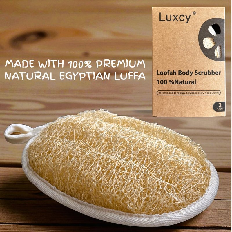 Luxcy Natural Loofah Body Scrubber – Egyptian Shower Sponge for Women & Men, 100% Plant-Based Luffa, Gentle Exfoliating Pads for Bath or Shower, (3 Pack)
