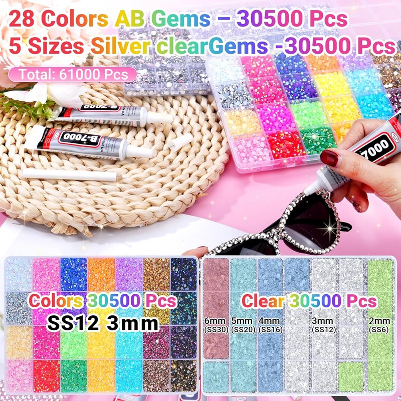 Jelly Rhinestones for Crafting - 61000 Pcs Multicolor & Silver Flatback Gems | 3mm & 2/3/4/5/6mm Sizes with 15ml B7000 Glue