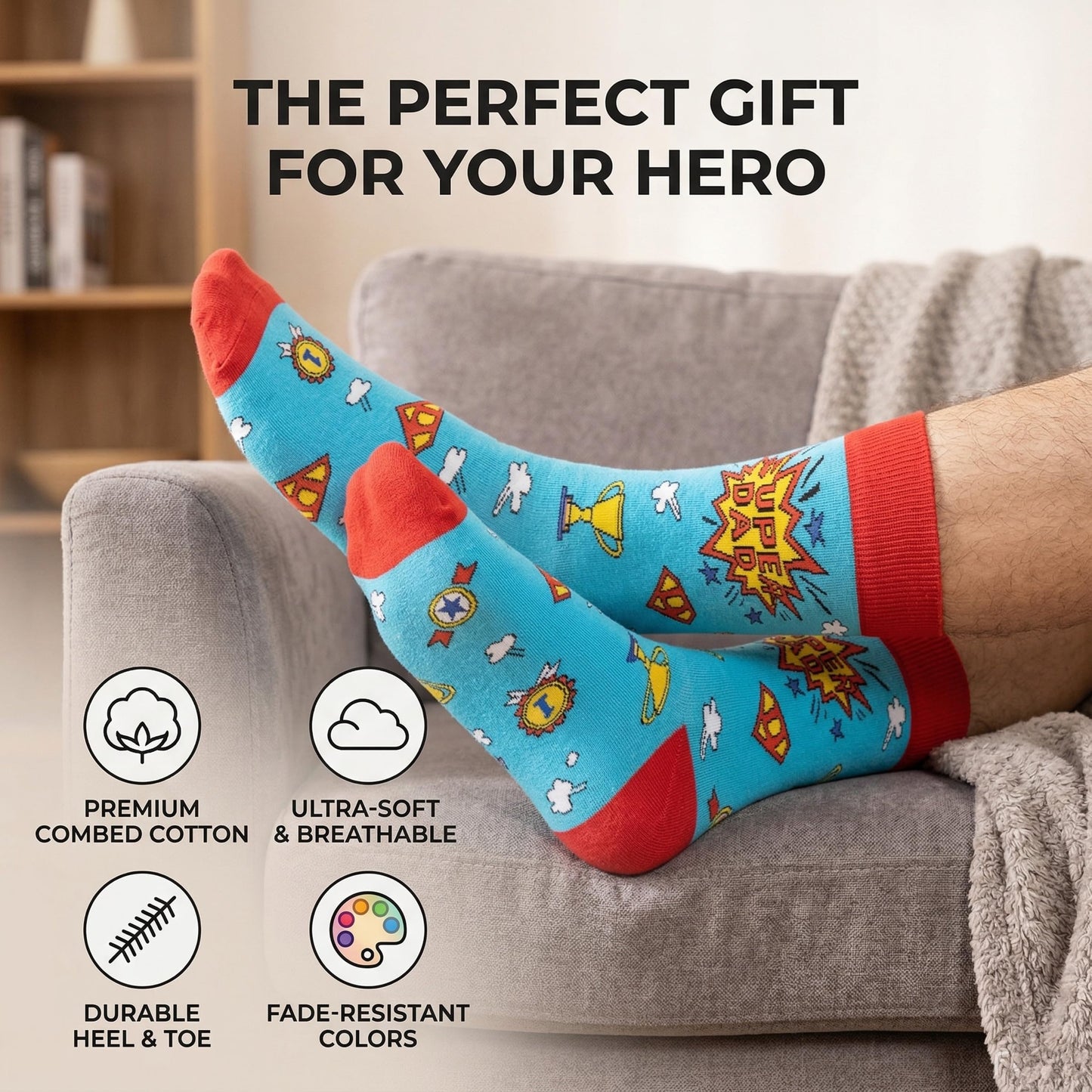 Super Dad Socks, Funny Dad Socks Gift for Father’s Day, Novelty Cotton Dress Socks for Men, Seamless Toe Breathable Crazy Socks for Dad Husband Grandpa, Size 8-12
