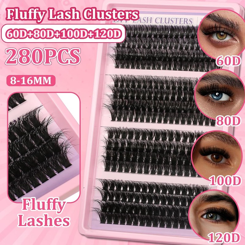 Skiennix 280Pcs Wispy Lash Clusters Kit - 60D to 120D D Curl Individual Lashes, 8-16mm DIY Extensions with Bond & Seal, Tweezers Included