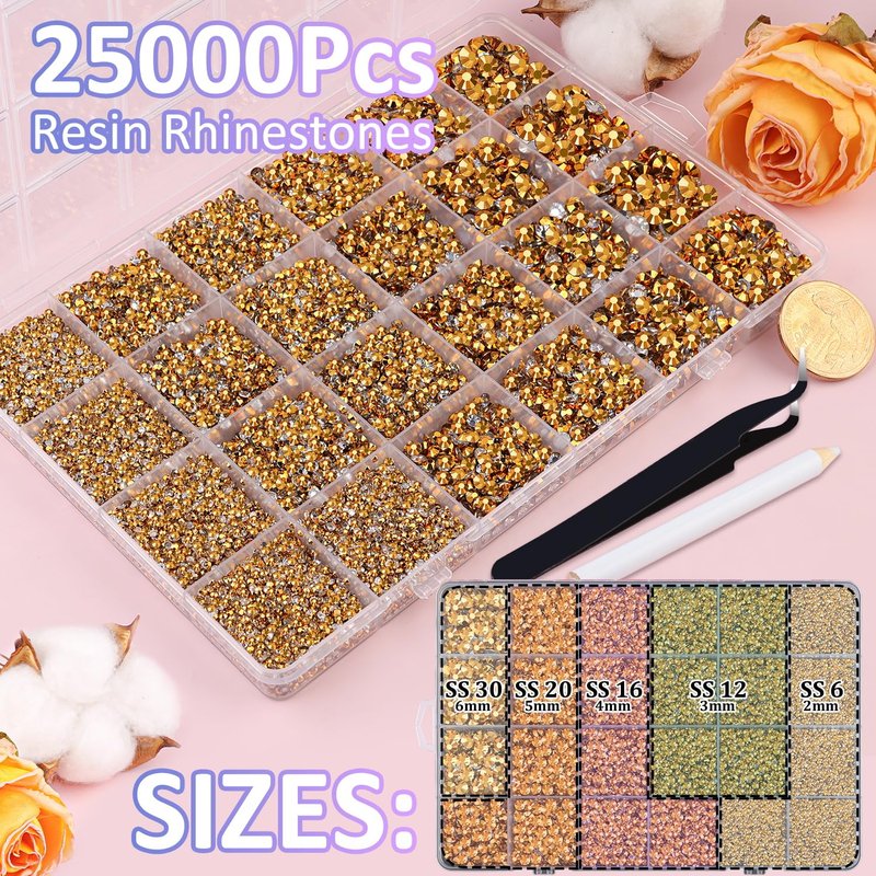 Mine Gold 25000 Pcs Resin Rhinestones - Mixed Sizes 2-6mm Flatback Gems for DIY Crafts & Decor