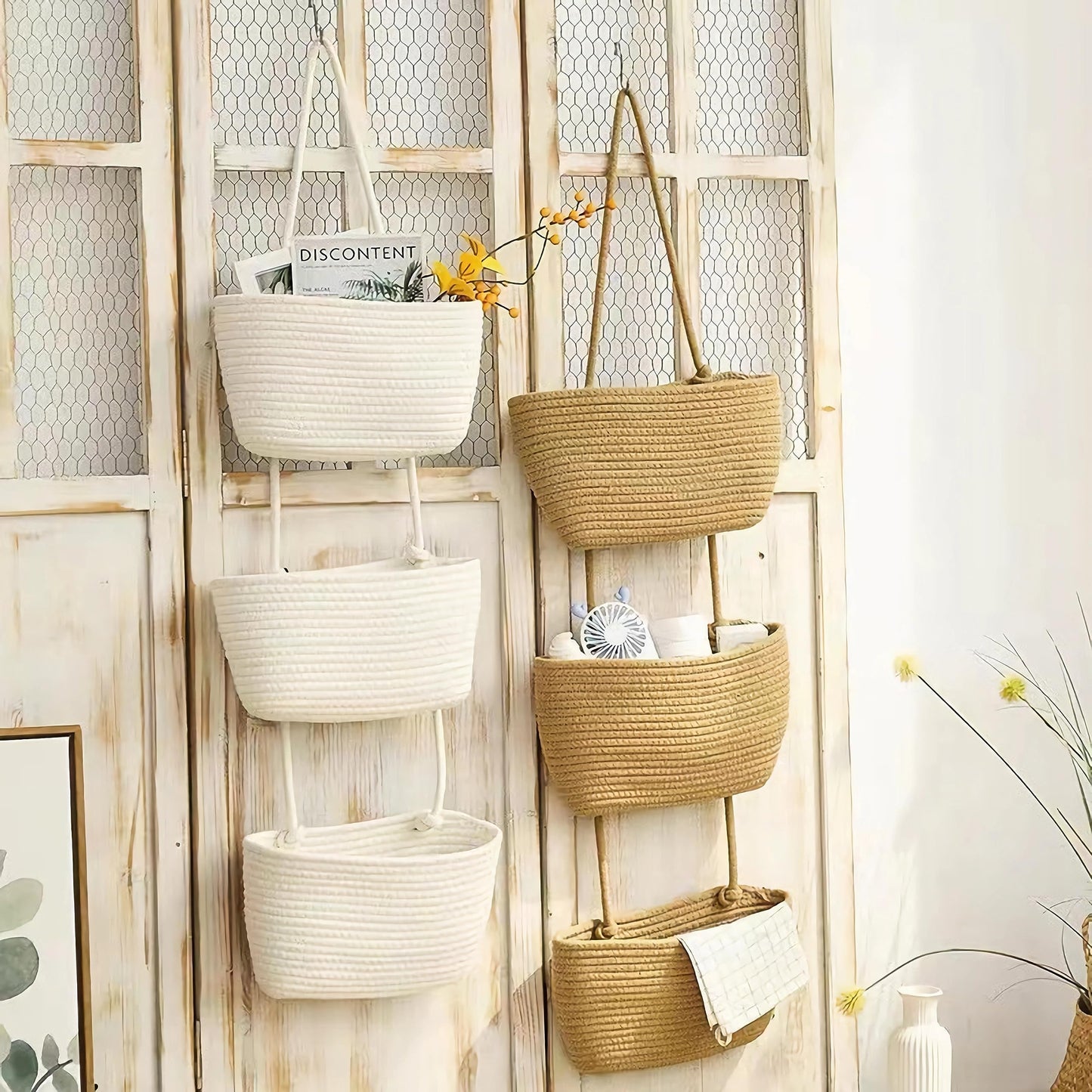 AARAINBOW Wall Hanging Cotton Baskets - Large 3 Tier Decorative Baskets for Wall, Nursery, Bathroom (B-Brown)