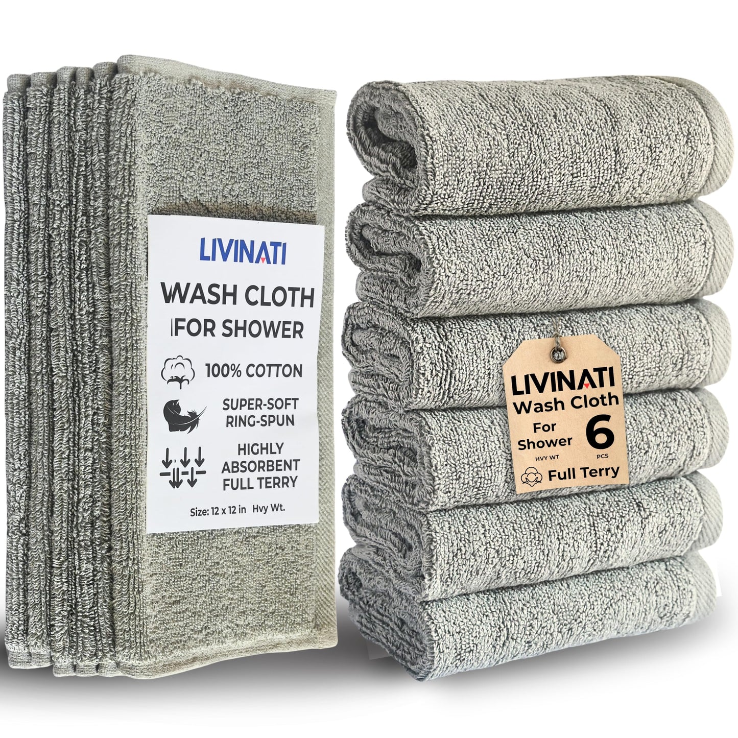 LIVINATI Thick Gray 100% Cotton Wash Cloths for Showering Body and Face - 12"X12" 6 Pack Washcloths - Small Terry Towel Bath Rags for Adults and Kids Bathroom - Soft Absorbent