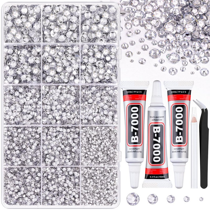 16000Pcs Resin Rhinestones for Crafting, Silver Clear Flatback Gems, Bedazzling Crystal with 3Pcs 10ml B7000 Jewelry Glue Bedazzler Kit for DIY Crafts Clothing Tumblers Shoes Fabric Nail Art