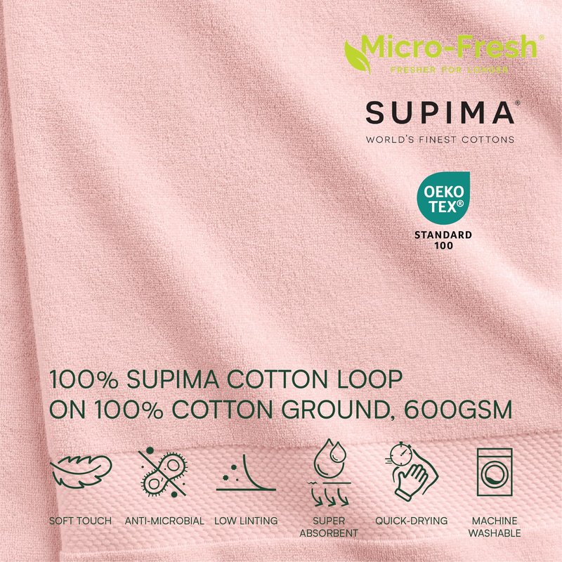 Lacoste Heritage Anti-Microbial Supima Cotton 6-Piece Towel Set, 2 Bath Towels, 2 Hand Towels, 2 Washcloths, Light Pink – Highly Absorbent & Quick Drying, Bathroom Essential, Machine Washable