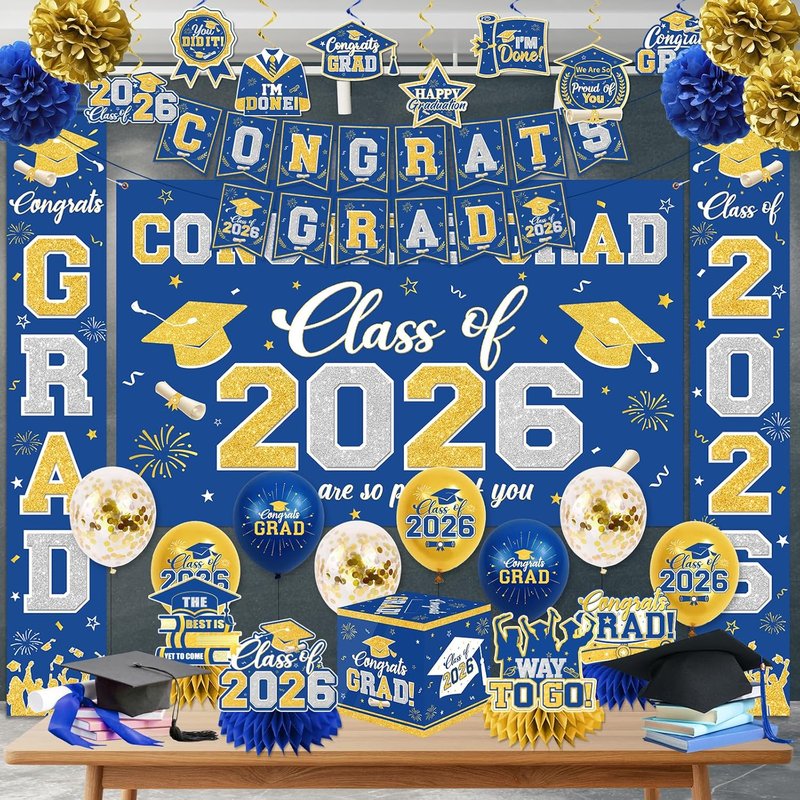 Graduation Decorations Class of 2026 - Blue & Gold Congrats Grad Set | Banner, Backdrop, Balloons & More