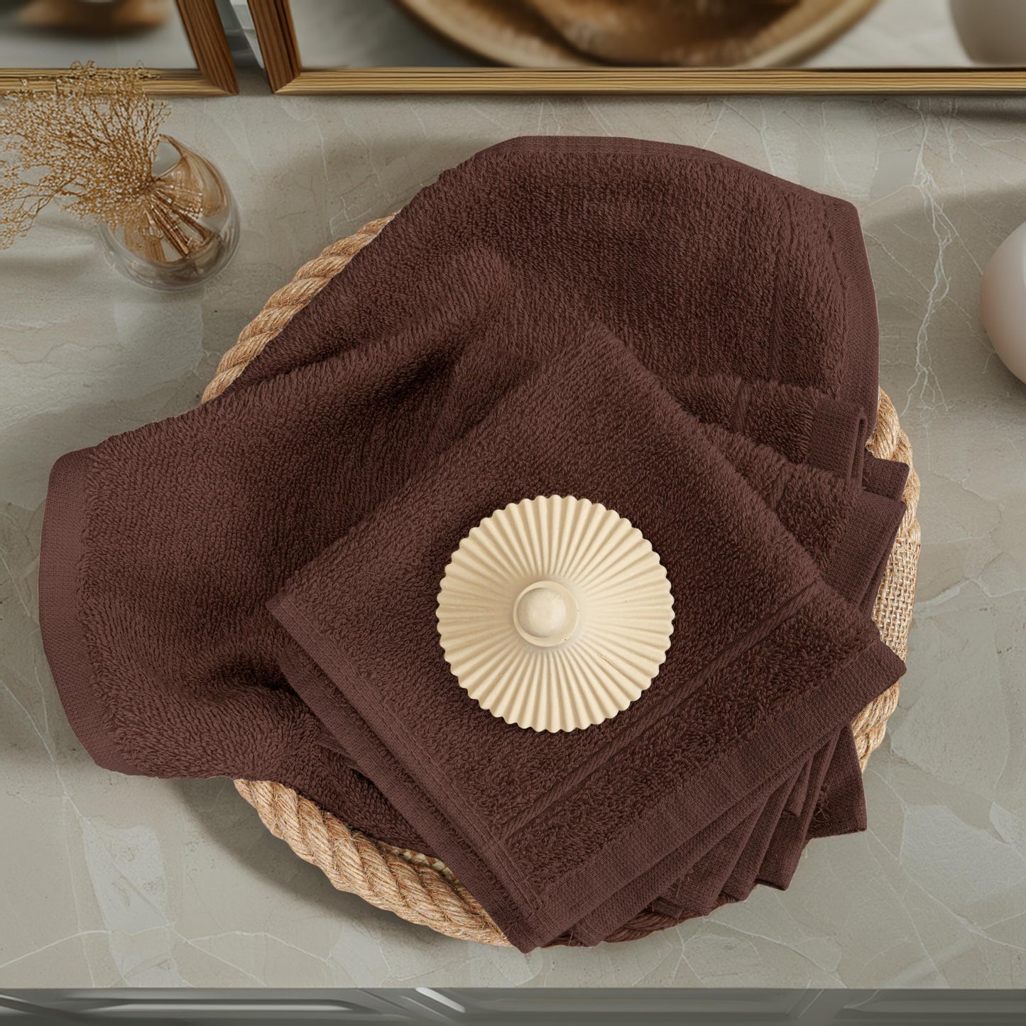 Tens Towels Pack of 12 Washcloths, 12 x 12 Inches, Lighter Weight, Quick to Dry, Super Soft & Absorbent, Gentle Face Towels, Hotel Quality, Perfect for Bathroom, Gym, Spa (Brown, 12 Pack)