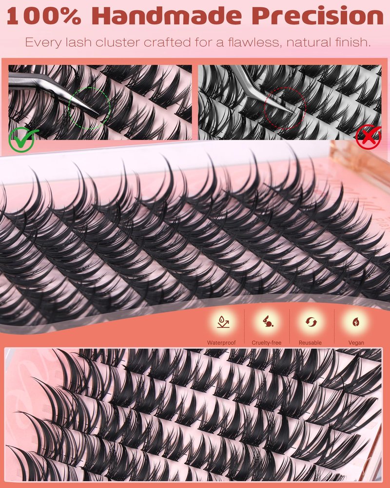 Geeneiya Manga Lash Clusters Kit, 11-19mm Fox Eye Lash Extension Kit, C Curl Left & Right Cat Eye Lashes, DIY Cluster Eyelash Extension Kit with Lash Bond and Seal Lash Tweezers for Beginners