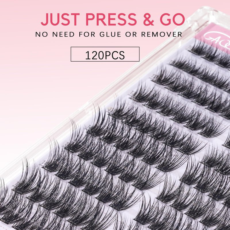 GAQQI Self Adhesive Eyelash Clusters, Volume No Glue Lashes 10-16mm, No Band Self Adhesive Lash Clusters 120pcs, Press On Lashes Invisible Band, With Lash Tweezer (CLASSIC)