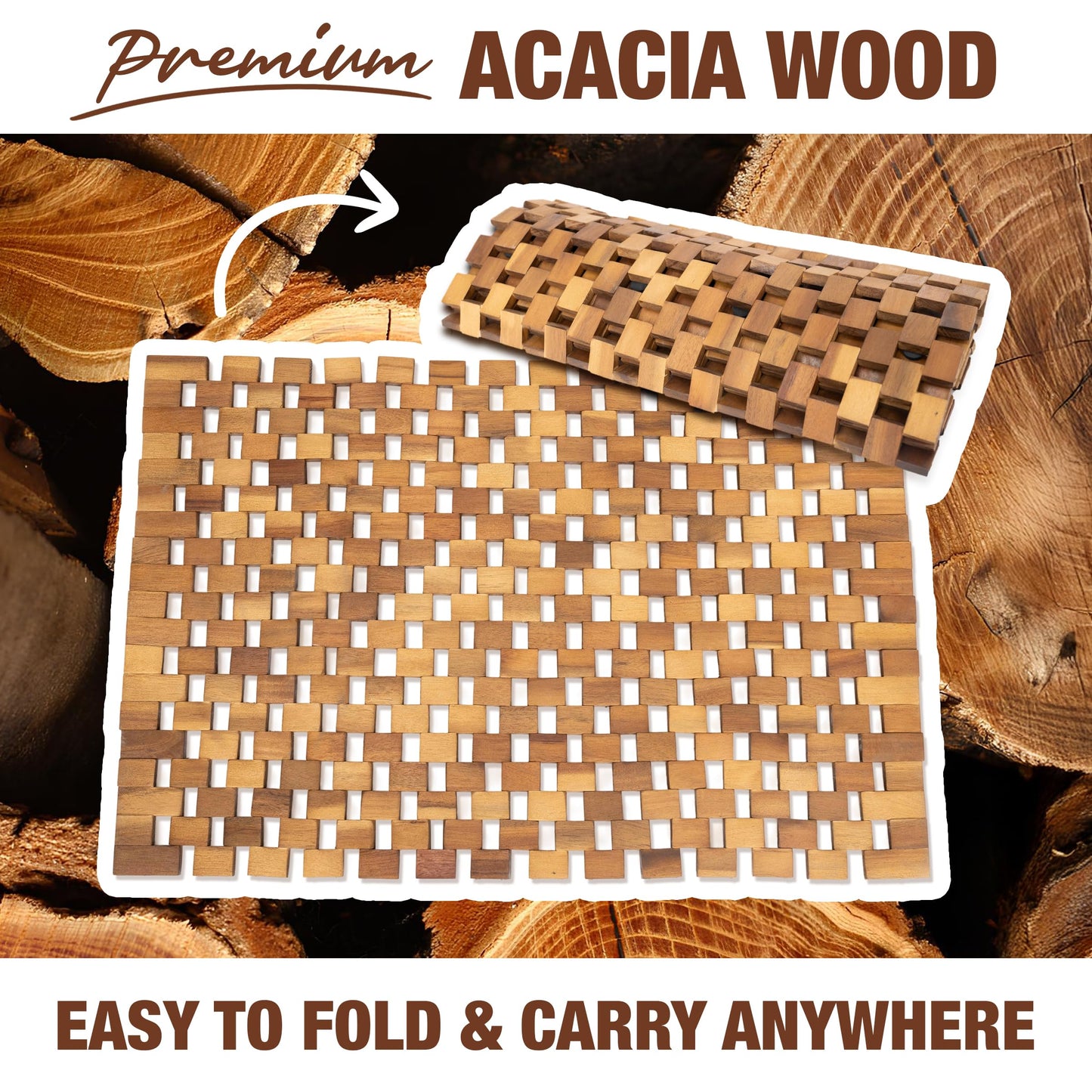 Acacia Wood Bath Mat - Non Slip Sturdy Wooden Bathroom Mat - Large Outdoor Shower Mat for Indoor & Outdoor Shower, Spa, Sauna, Cold Plunge, Camping 16" x 24"