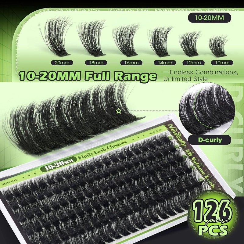 200D Lash Clusters Fluffy Volume Eyelash Clusters Long 10-20MM Lash Extension D-curly Thick Cluster Eyelash Extensions Individual Lashes Easy Application by Newcally