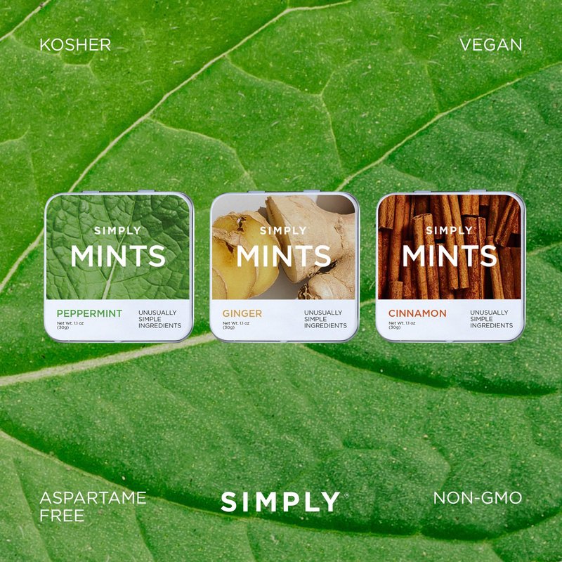 SIMPLY MINTS Natural Breath Mint Sampler, 6 Pack (180 Pieces), Made with Peppermint, Ginger, and Cinnamon Oils, Aspartame-Free, Sorbitol-Free, Xylitol-Free, Vegan, Kosher, Non-GMO