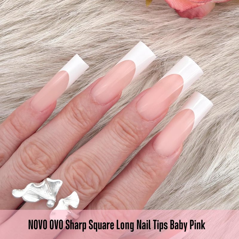 NOVO OVO Press-On Baby Pink French Tip Nail Tips | Extra Thick Soft Gel Full Cover | 180 Pieces in 15 Sizes