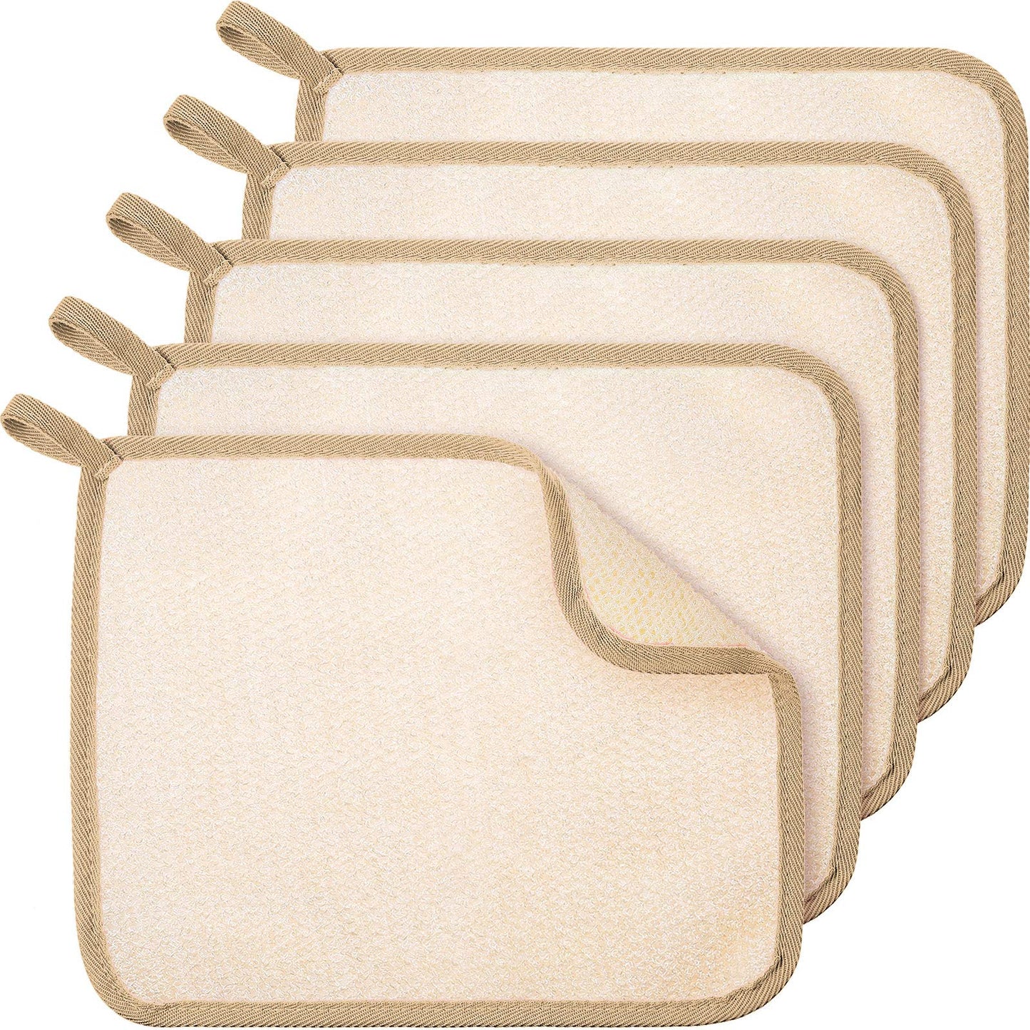 Tatuo 5 Pcs Exfoliating Face and Body Wash Cloths Towel Weave Bath Exfoliating Scrub Massage Bath Cloth for Women and Men, 10.23 x 8.66 Inch(Brown Edge)