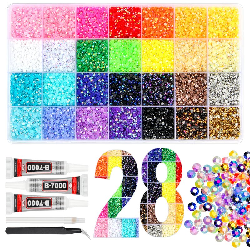 18000Pcs Resin Jelly Rhinestones for Bedazzling, 28 Colors 4mm Flatback Gems for Diamond Art, Bedazzler Kit with 3Pcs 10ml B7000 Jewelry Glue for Crafting Crafts Book Shoes Nail Art