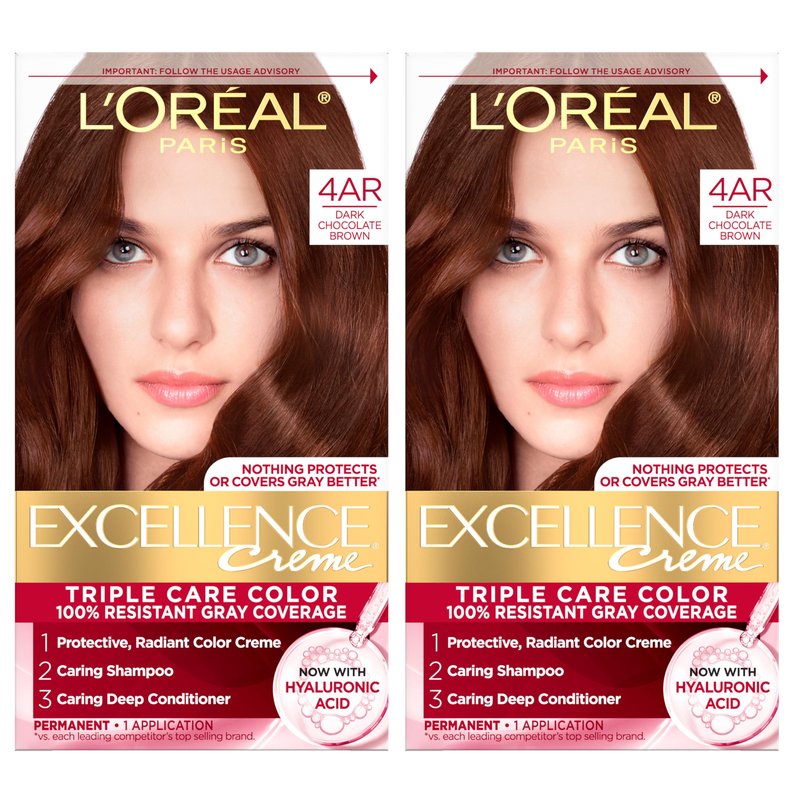 L'Oreal Paris Excellence Crème Permanent Hair Dye, Triple Care Hair Color with Hyaluronic Acid for 100% Gray Coverage, 4AR Dark Chocolate Brown, 1 Kit (Pack of 2) (Packaging May Vary)
