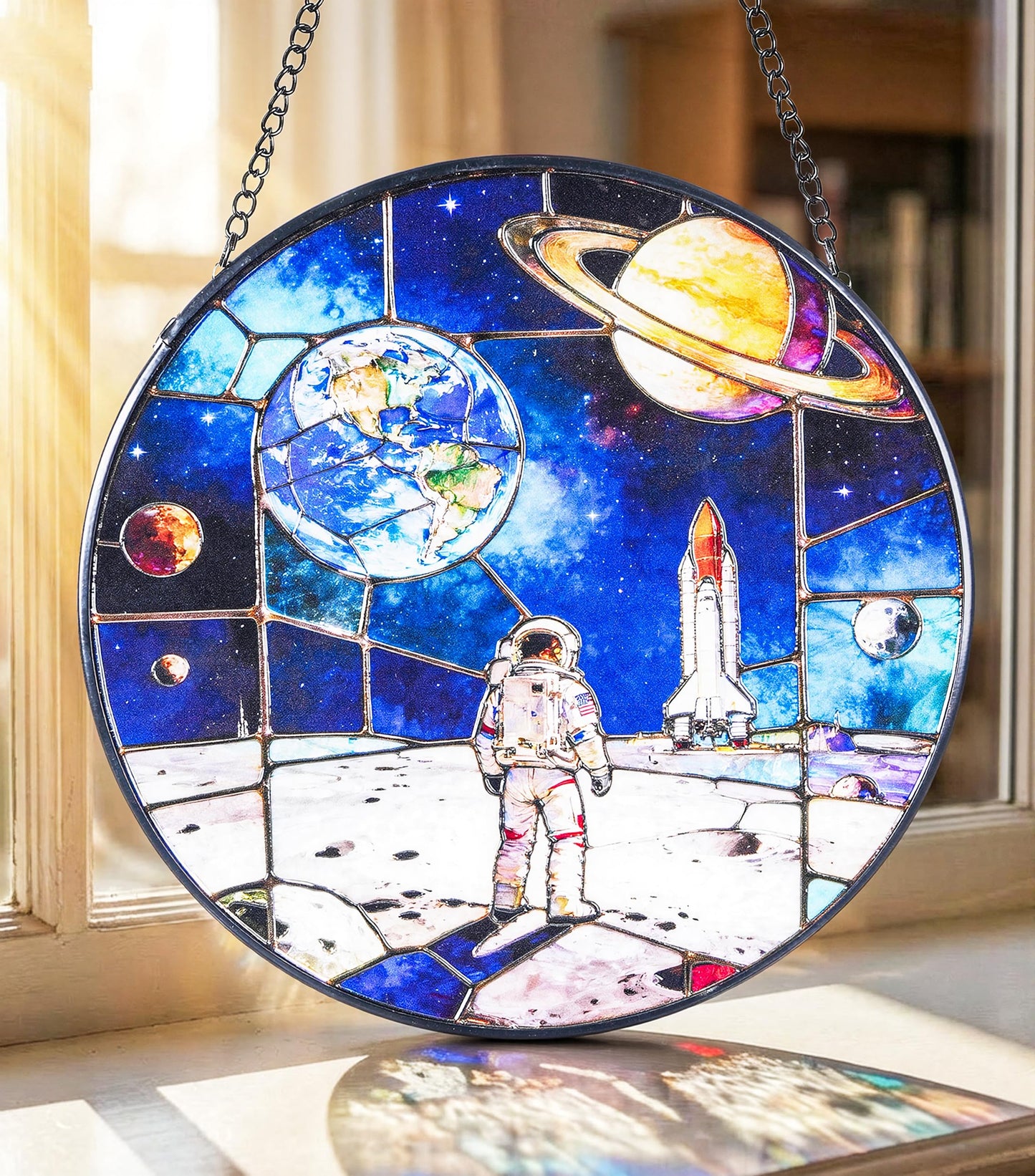Stained Glass Window Hanging Suncatchers with Armstrong's Moon Landing 12.6", Vibrant Glass Panel with Metal Chain for Home Decor Gift for Women Mother's Day, Birthday, Men, and Mom