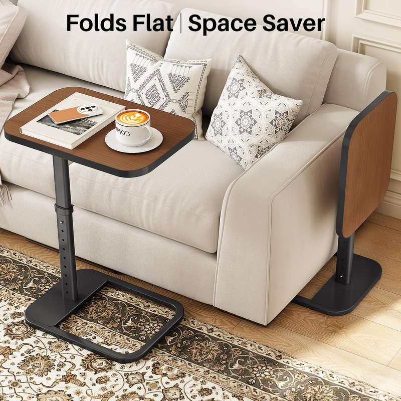 Kitstorack Upgraded TV Tray Table with Panel Lock, 90° Flip-Over Design & Adjustable Height, Sofa Arm Side Table for Eating, Laptop, Couch, Bed, or Small Spaces, Espresso