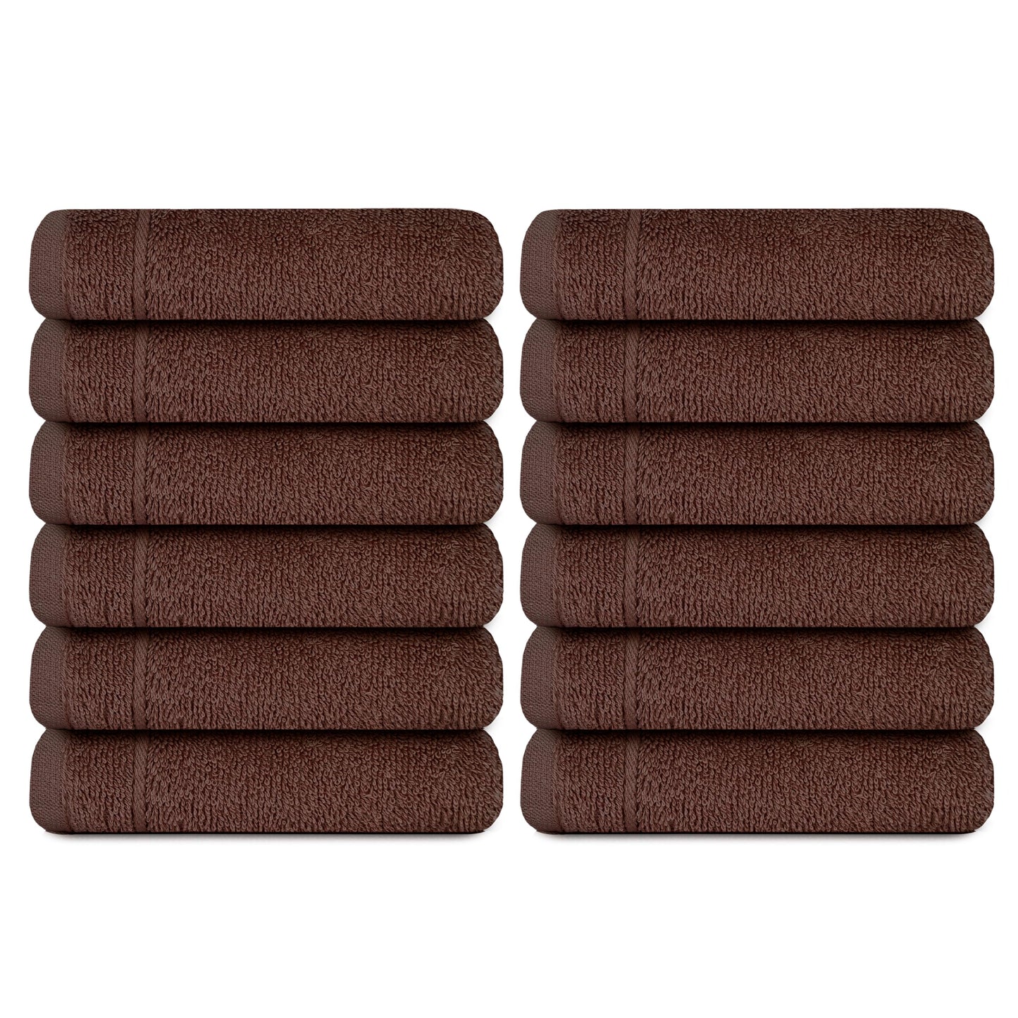 Tens Towels Pack of 12 Washcloths, 12 x 12 Inches, Lighter Weight, Quick to Dry, Super Soft & Absorbent, Gentle Face Towels, Hotel Quality, Perfect for Bathroom, Gym, Spa (Brown, 12 Pack)