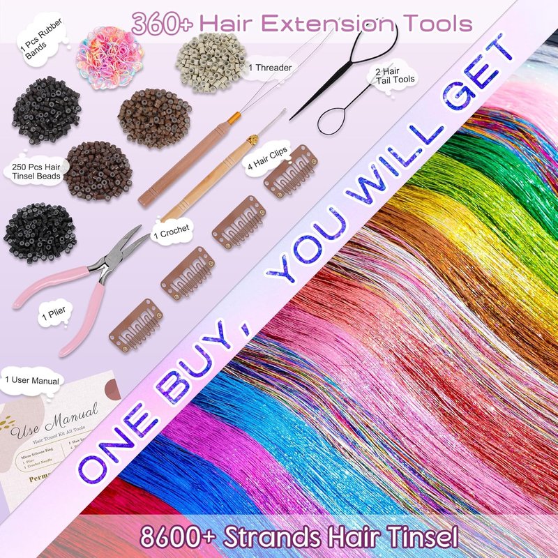 Hair Tinsel Kit - 16 Colors Heat Resistant Glitter Extensions for Girls | 48 Inches Long