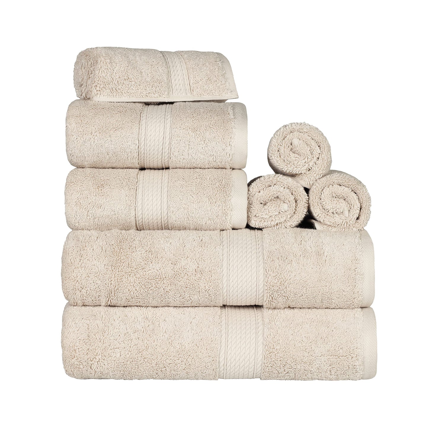 SUPERIOR Egyptian Cotton Pile 8 Piece Towel Set, Includes 2 Bath, 2 Hand, 4 Face Towels/Washcloths, Ultra Soft Luxury Towels, Thick Plush Essentials, Guest Bath, Spa, Hotel Bathroom, Cream