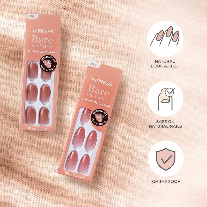 KISS imPRESS No Glue Mani Press On Nails, , 'Effortless Finish', Nude, Short Size, Squoval Shape, Includes 30 Nails, Prep Pad, Instructions Sheet, 1 Manicure Stick, 1 Mini File