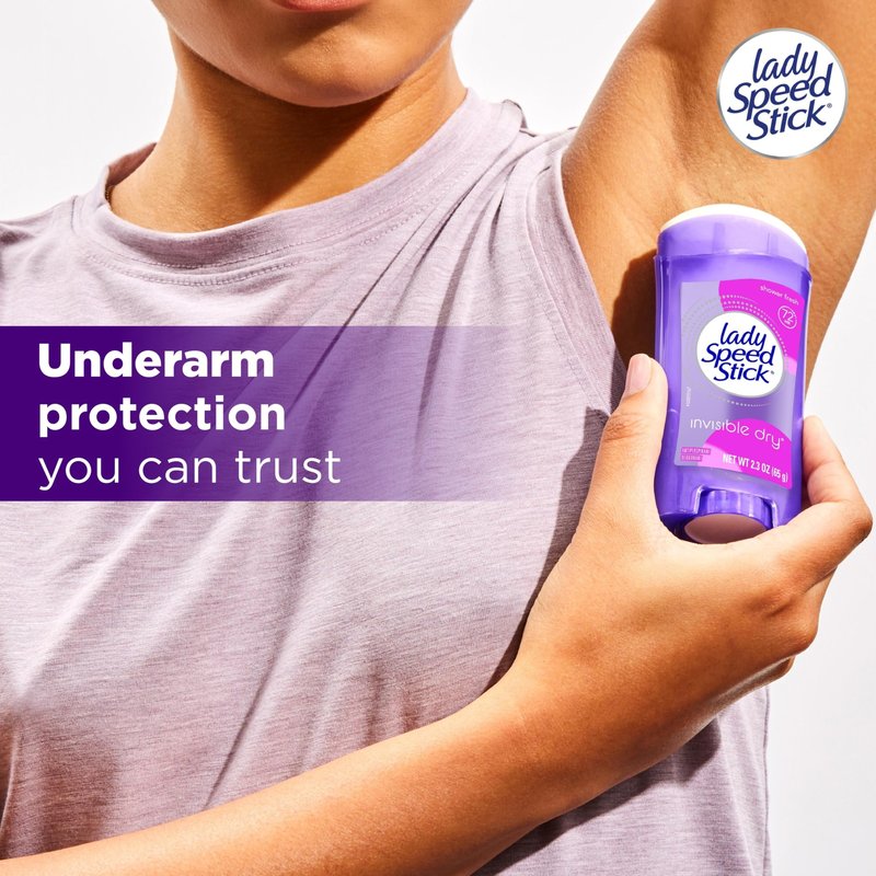 Lady Speed Stick Antiperspirant Deodorant for Women, 72 HR Sweat & Odor Protection, Invisible Dry, Shower Fresh Scent, 2.3 oz Stick (4 Pack)