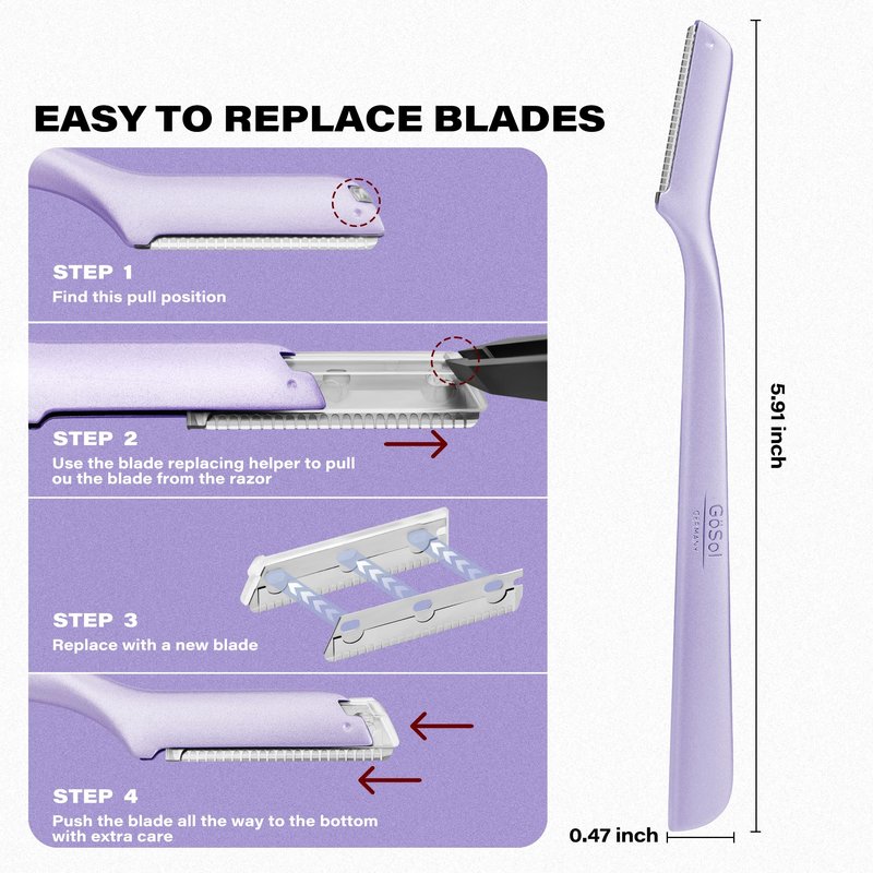 GöSol Professional Metal Dermaplaning Razor for Women, Reusable Face & Eyebrow Shaper for Peach Fuzz, At-Home Dead Skin Removal, Japanese Stainless Steel Blades W/Extra 3 Refills - Purple