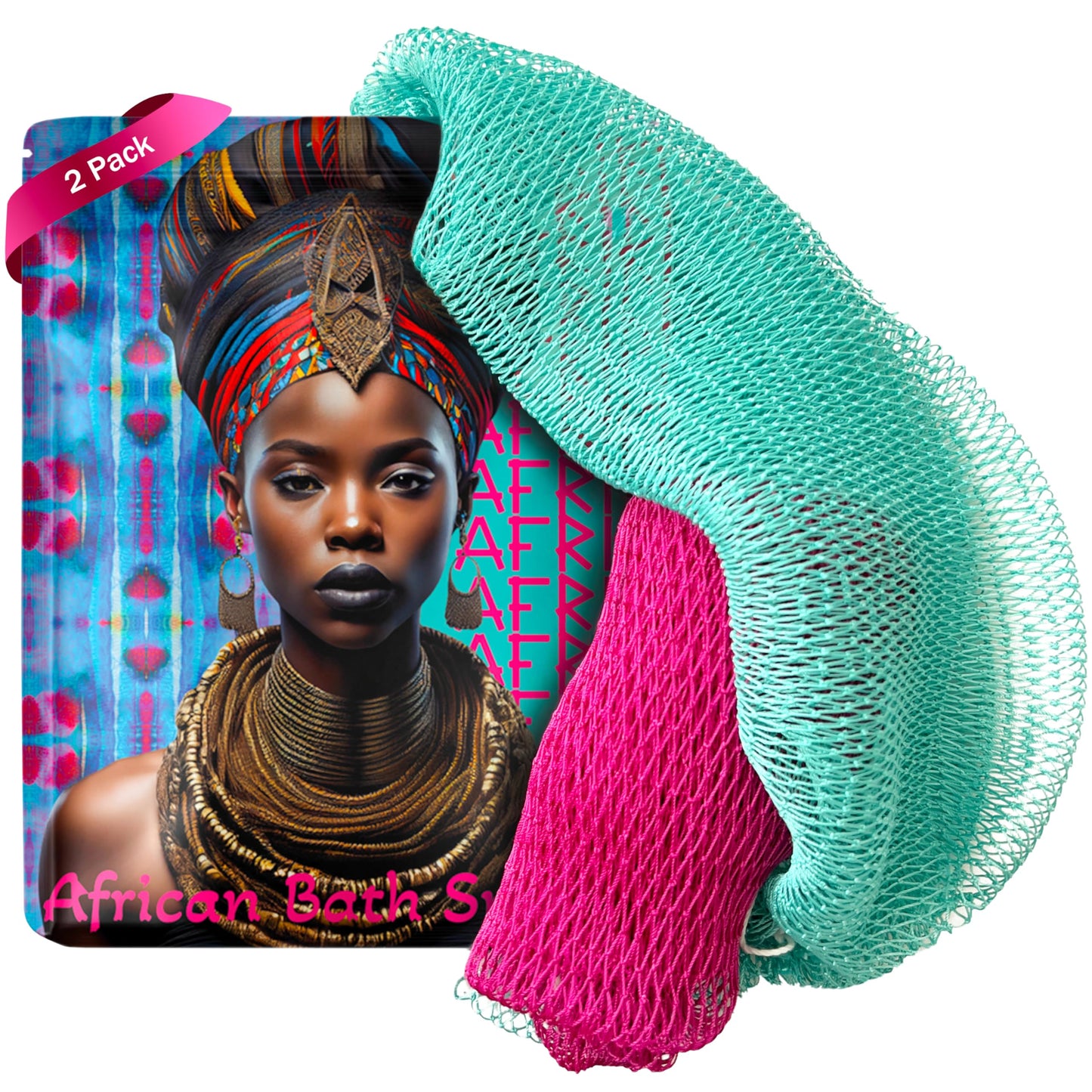 African Net Sponge, Premium Authentic Exfoliating Body Scrubber, Extra Long Stretch Bath Sponge for Shower, Deep Exfoliating Washcloth for Smooth Skin, 2 Pack (Camelia & Turpuoise)