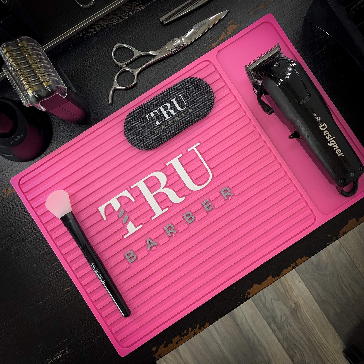 TRU BARBER MAT 13”X 9” (PINK) Flexible PVC Station Mat, Professional Mat, Salon and Barbershop work Station pads, Beauty salon tools hair stylist, Counter mat for clippers, Anti-slip