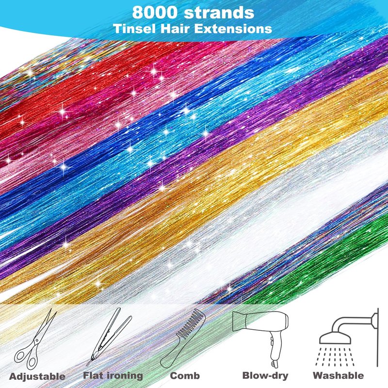 Hair Tinsel Kit - 8000 Strands of 48-Inch Glitter Extensions | 20 Vibrant Colors, Heat Resistant Fairy Hair Accessories