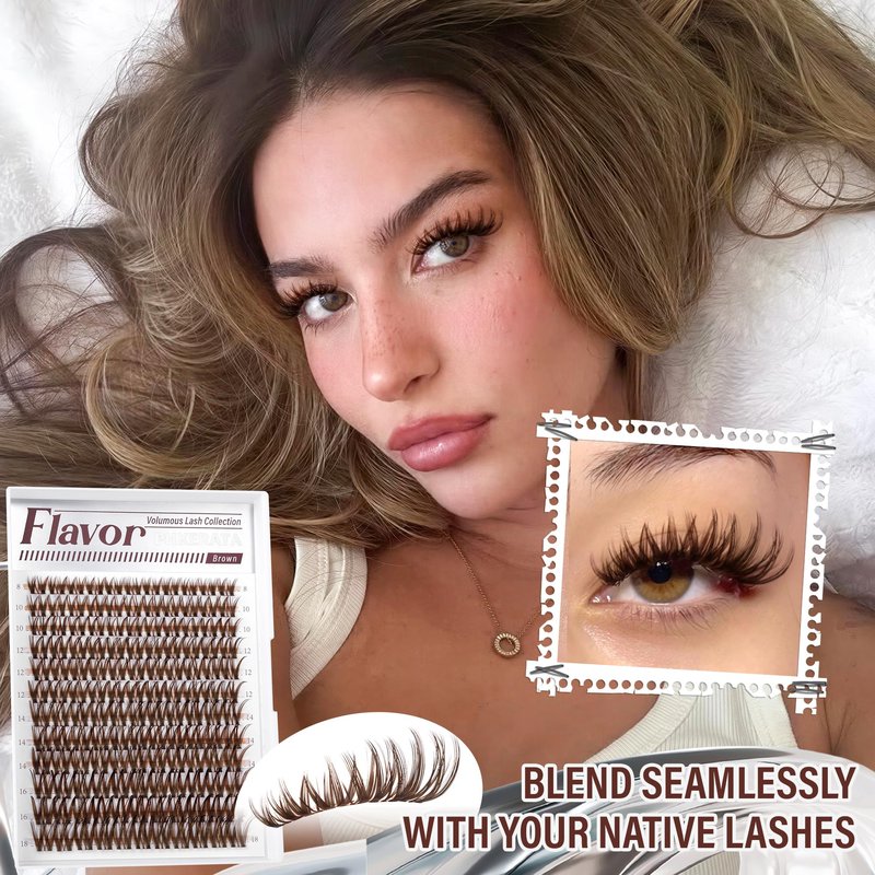 Flora Brown Lash Clusters Kit Wispy Brown Cluster Eyelash Extensions Kit, Natural C Curl Lash Extension Kit 8-18mm Individual Lashes DIY with Bond and Seal & Tweezers, 132Pcs