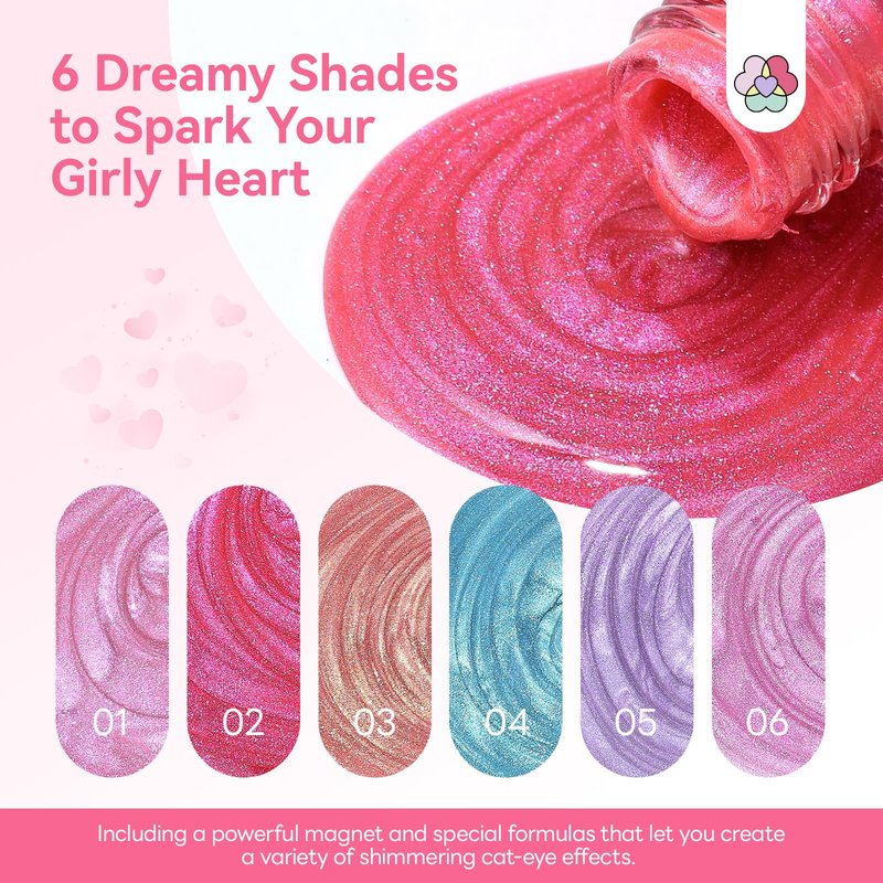 SAVILAND Valentine Nail Polish Set: Quick Dry 6 Colors Cat Eye Nail Polish Shimmer Romantic Pink Series Magnetic Cateye Fingernail Polish with Magnet Stick DIY Manicure Gift for Women Girls10ml