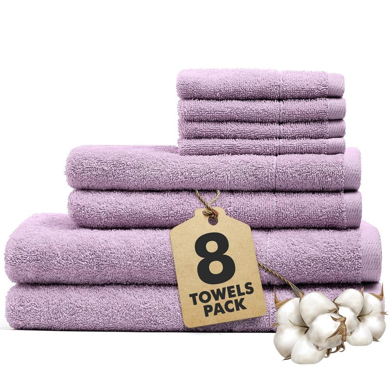 Bath Towels Set of 8 – 100% Ring Spun Cotton (Lilac) Bathroom Towel Set Bale Includes 2 Bath, 2 Hand, 4 Face Towels – 550 GSM Soft, Absorbent & Quick Dry Towel for Bathroom, Spa, Kitchen, Hotel Use
