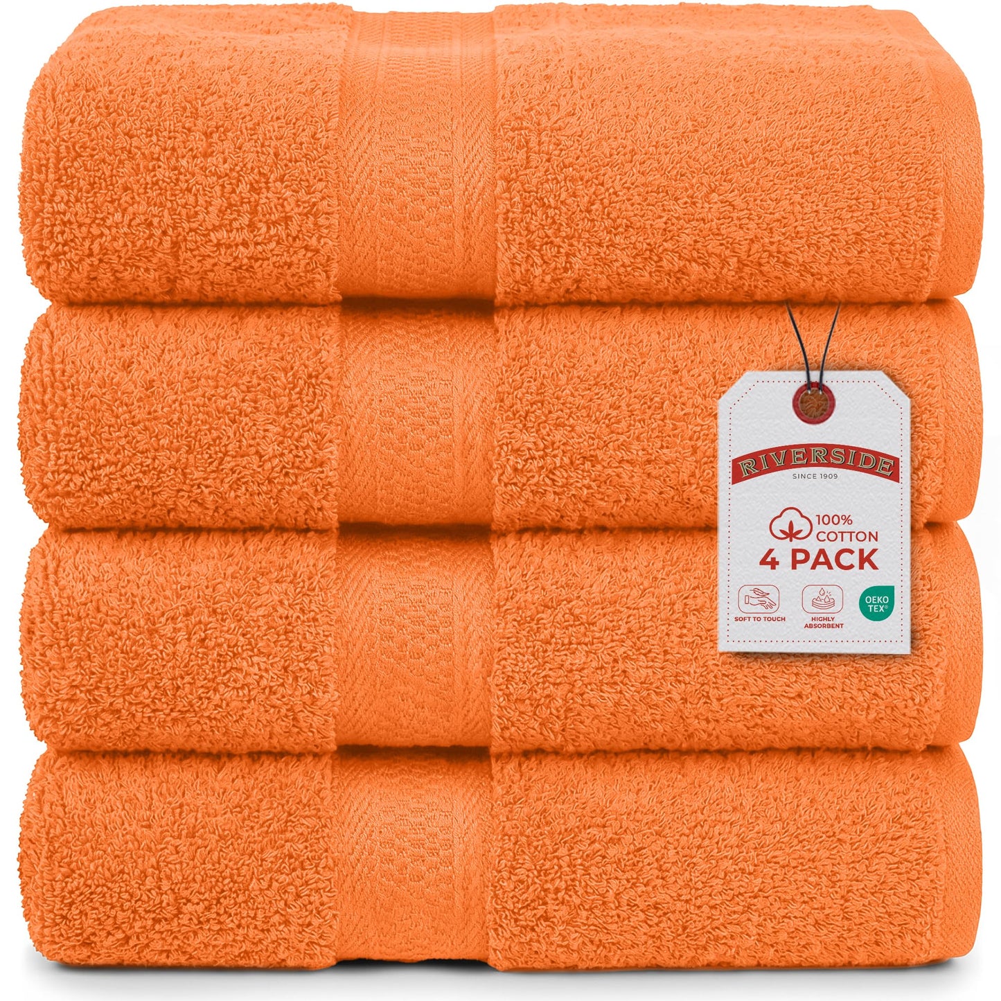 RIVERSIDE 100% Ring Spun Cotton Large Bath Towels Set of 4, 27 x 54 Inches – Quick Dry, Soft & Highly Absorbent Towels for Shower & Bathroom – Luxury 600 GSM Towels for Home, Spa, Gym, Hotel, Orange