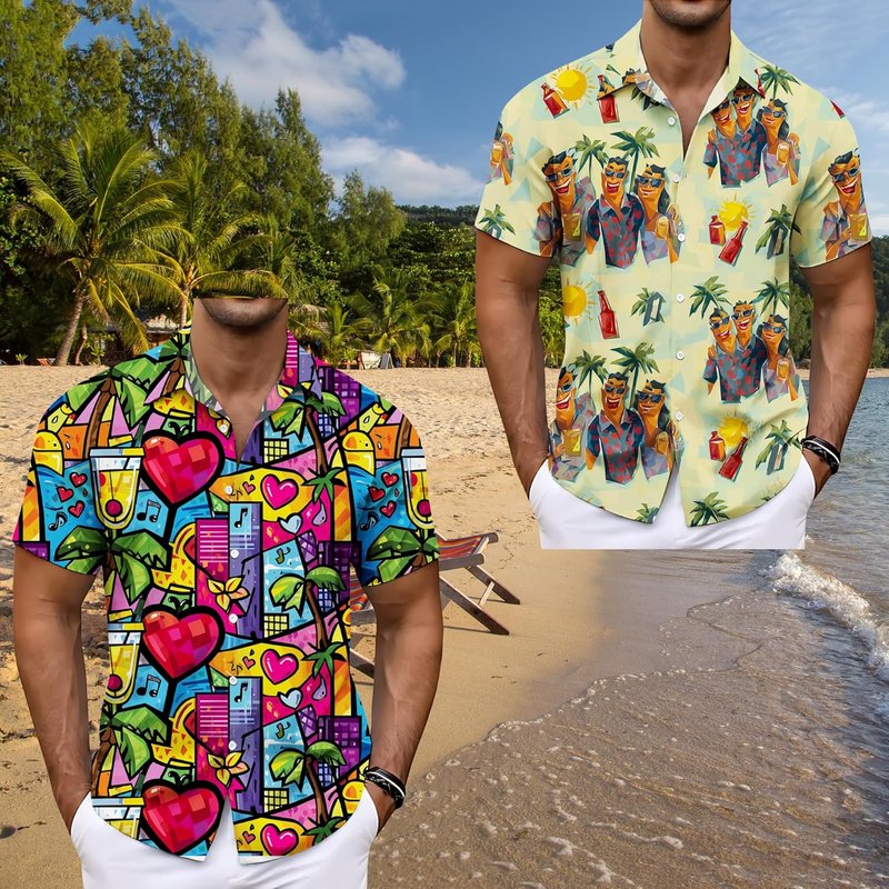 Men's Hawaiian Print V-Neck Summer Shirt - Casual Short Sleeve Beach Top | Funny Graphic Design
