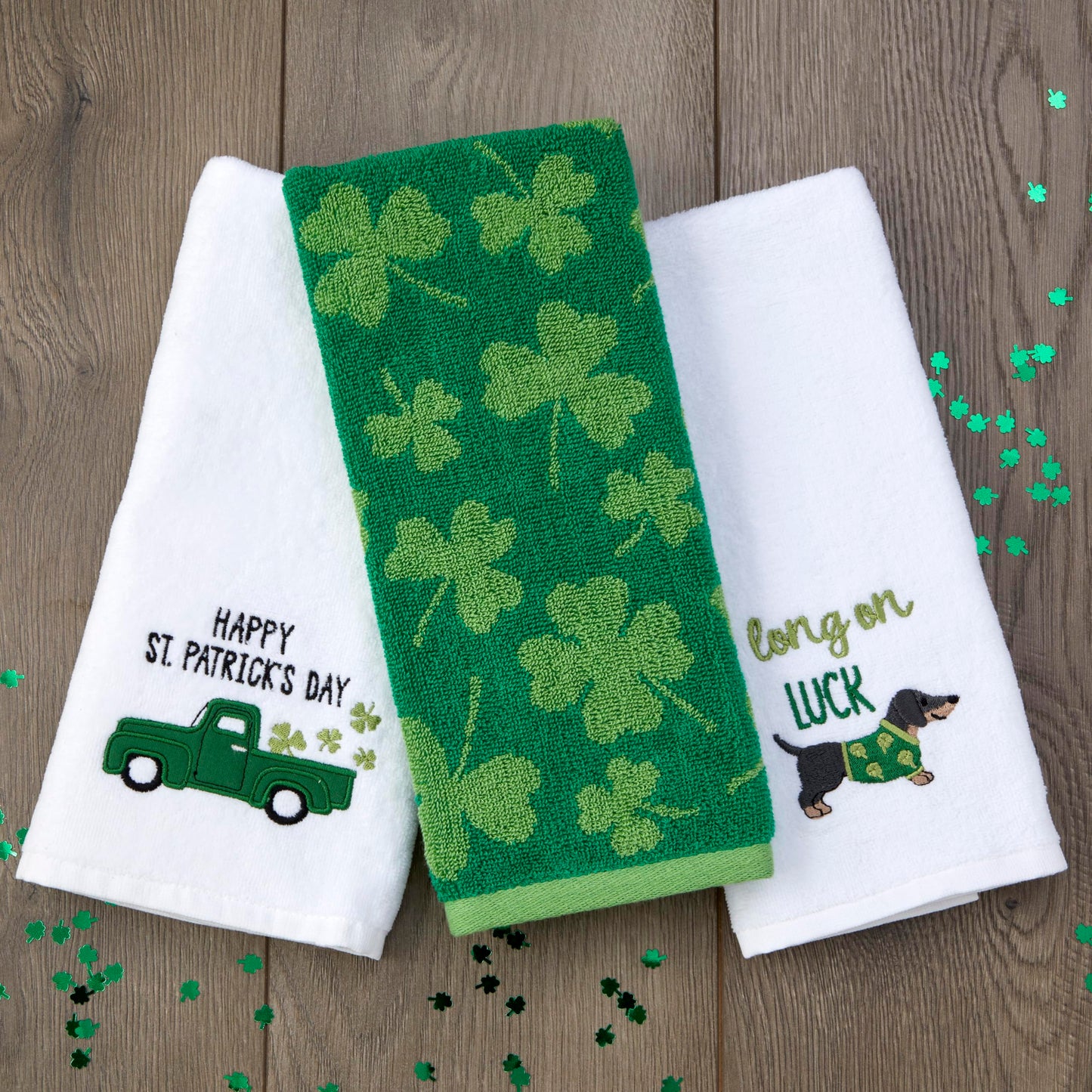 SKL Home St. Patrick's Day Shamrock Jacquard 100% Cotton Reversible 2pc Hand Towel Set, Decorative for Bath/Kitchen/Bar & Gift, Green