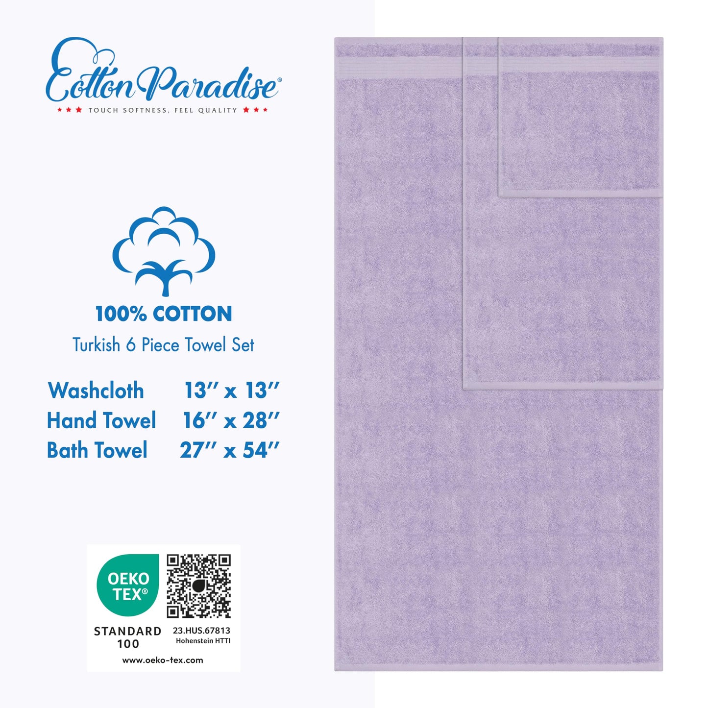 Cotton Paradise 6 Piece Towel Set, 100% Cotton Soft Absorbent Turkish Towels for Bathroom, 2 Bath Towels 2 Hand Towels 2 Washcloths, Lilac Towel Set